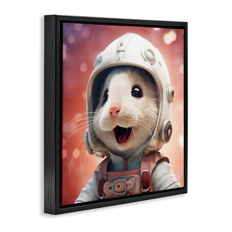 Portrait de souris astronaute, H 18 po x l 18 po, Cadre flottant noir de jais