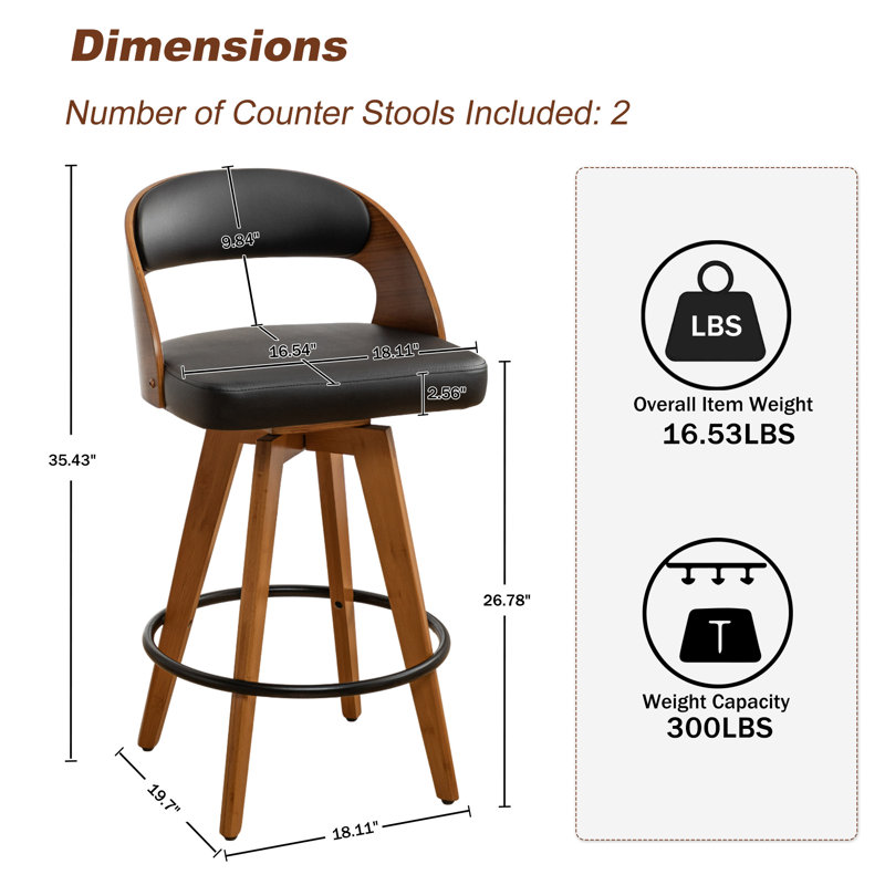 Tabourets pivotants rembourrés Cayuga, Noir, Tabouret de comptoir (siège d'une hauteur de 26,7