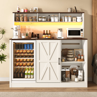 63"W Farmhouse Coffee Bar Cabinet With Power Outlet and LED Light, Wine Liquor Cabinet With Fridge Space, Buffet Sideboard with Adjustable Shelf and Open Storage for Kitchen Dining Room