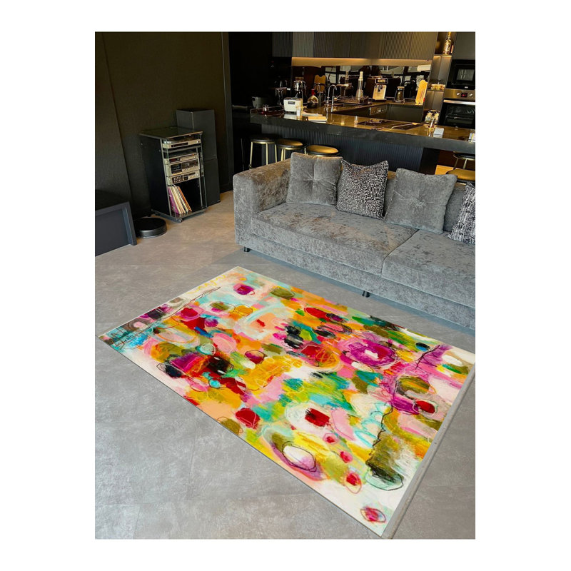 Tapis multicolore à motif abstrait multicolore lavable à la machine, Sous-tapis rectangulaire 4 pi 7 po x 6 pi 7 po inc