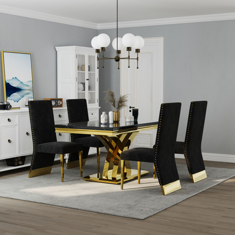 Ensemble de table de salle à manger 5 pièces en marbre noir et or avec 4 chaises en velours noir, 5 pièces: table, 4 chaises