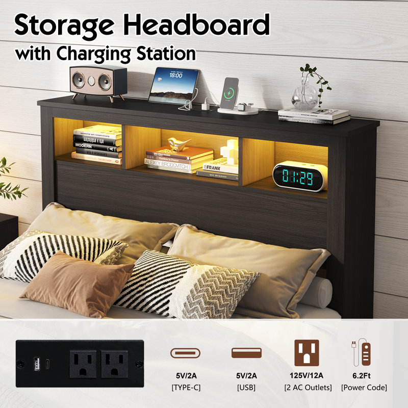 Revan Ivy Bronx Bed Frame With Storage Headboard&footboard, Wooden Platform Bed With Charging Station&led Light,no Box Spring Needed