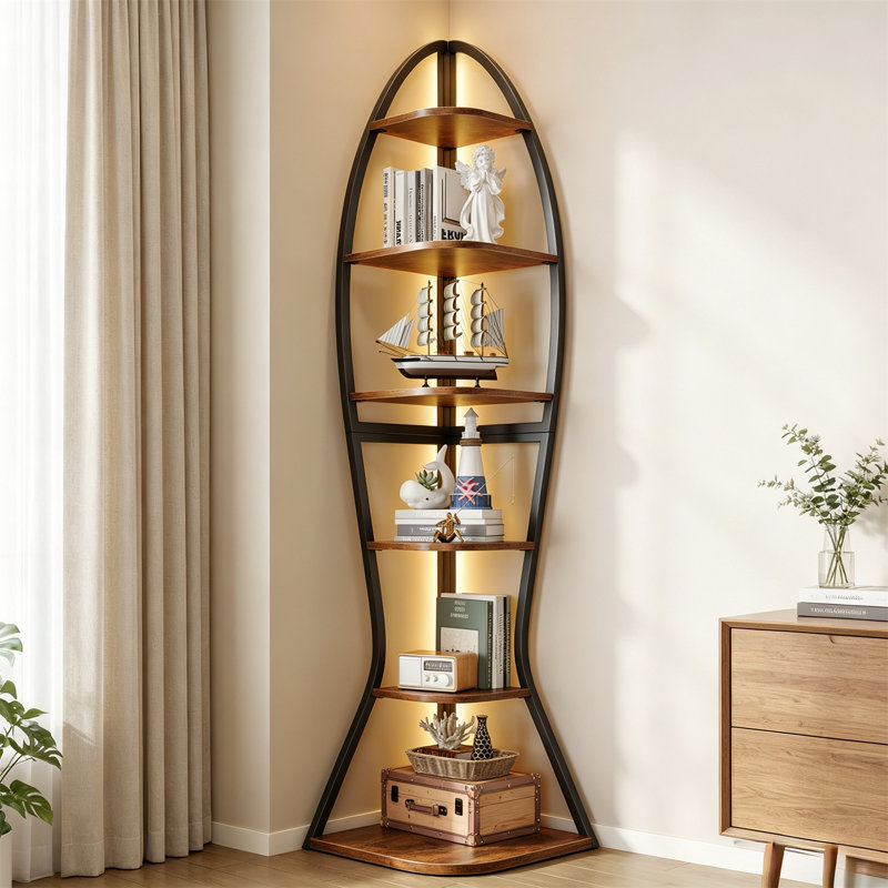 6-Tier Corner Shelf with LED Lights – Fish-Shaped Display Stand for Living Room & Bedroom, Brown