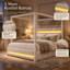Lit plateforme Trundelle Queen à baldaquin capitonné beige avec lit gigogne simple, 3 tiroirs de rangement, tête de lit rembourrée, deux bandes DEL à la tête et au pied de lit, cadre à baldaquin