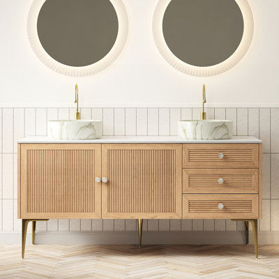 Meuble-lavabo moderne de 60 po avec lavabos ronds blancs en céramique, motif de pierre, 3 tiroirs, 2 portes, finition chêne, pré-assemblé, fermeture en douceur à l'eau, contreplaqué à haute résistance, installation facile