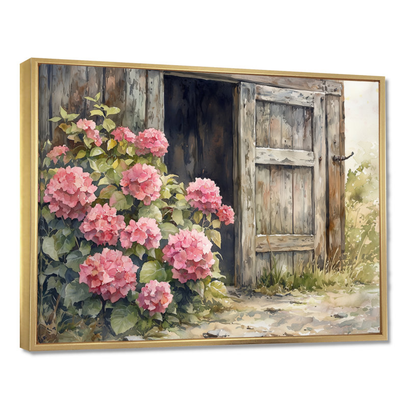 «Donnal Hydrangeas By The Farmhouse Gate I - Hydrangea», art mural, H 34 po x l 44 po, Impression encadrée flottante, Doré