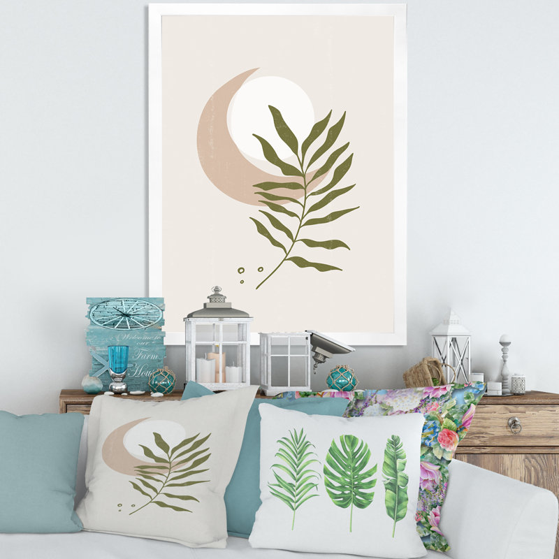 Lune géométrique abstraite avec feuille II - impression sur toile, H 32 po x l 16 po x P 1,5 po, Toile blanche encadrée