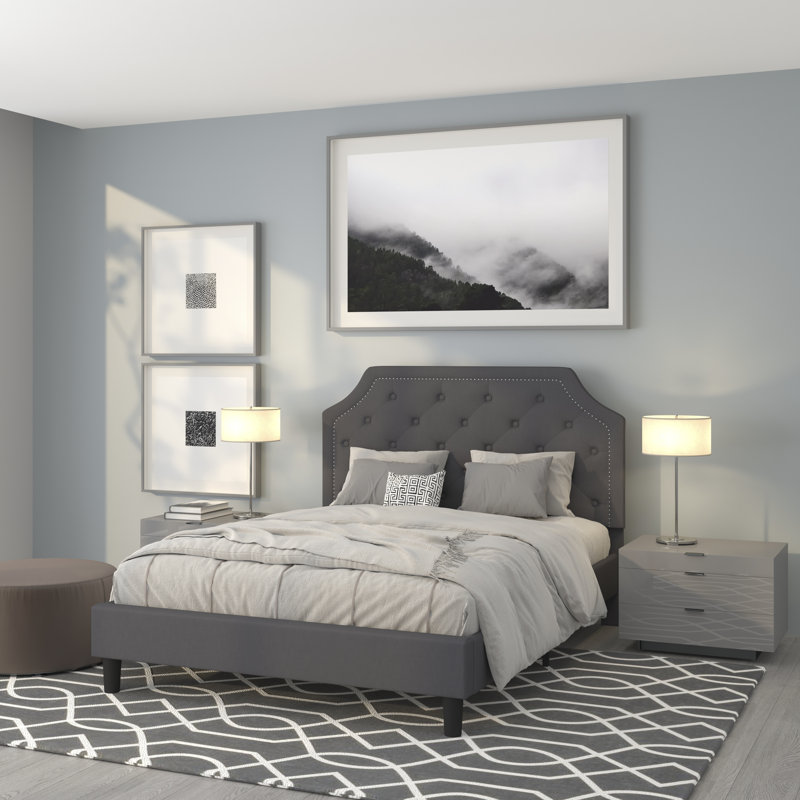 Aluino Arched Button Tufted Upholstered Platform Bed Frame - No Box Spring Required, Dark Gray, Queen