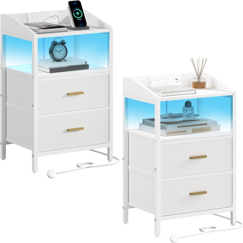 Bedside Table Set Of 2 With LED Lights And Charging Station, Bedside Cabinet With 2 Fabric Storage Drawers , White
