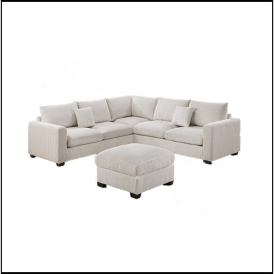 L-Sectional Sofa Corduroy Ivory Color LAF And RAF Loveseats Corner Wedge Ottoman 4Pcs Sectional Set Couch Living Room Furniture