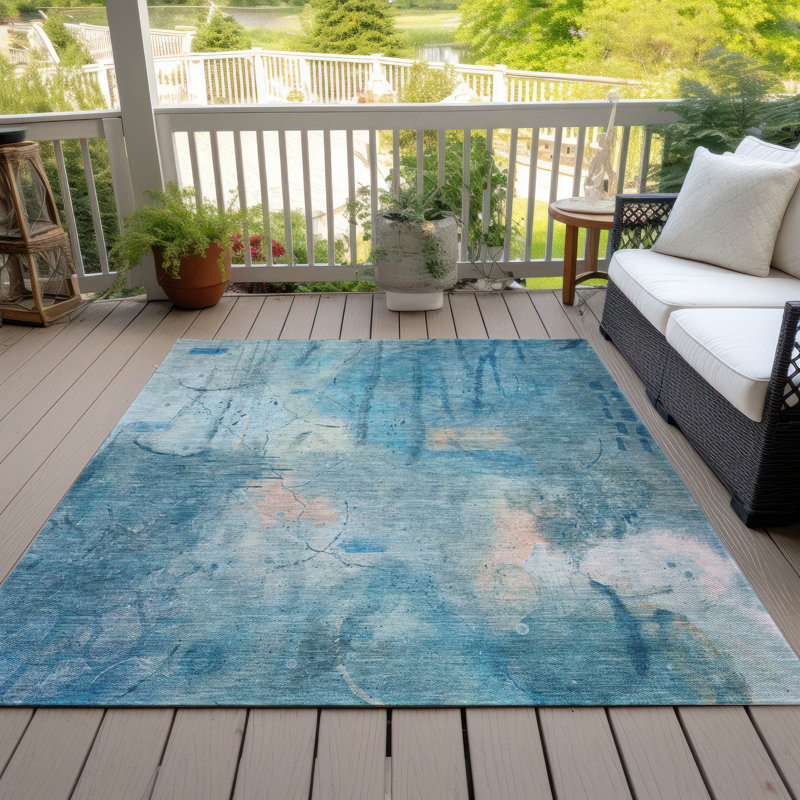 Tapis bleu intérieur / extérieur lavable à la machine Xhevrie, Rectangle 10 pi x 14 pi