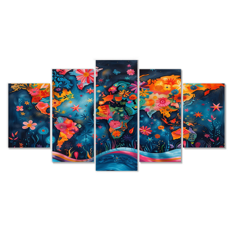 Carte du monde abstrait orange et bleu - ensemble d'art mural sur toile carte du monde