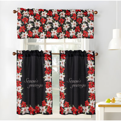 Poinsettia Season Greeting Christmas Kitchen Curtain Set