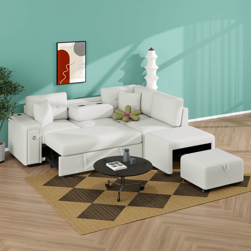 Canapé-lit modulaire en L 86,6 po avec accoudoirs de rangement, porte-gobelets, deux ports USB et repose-pieds mobile en forme de L