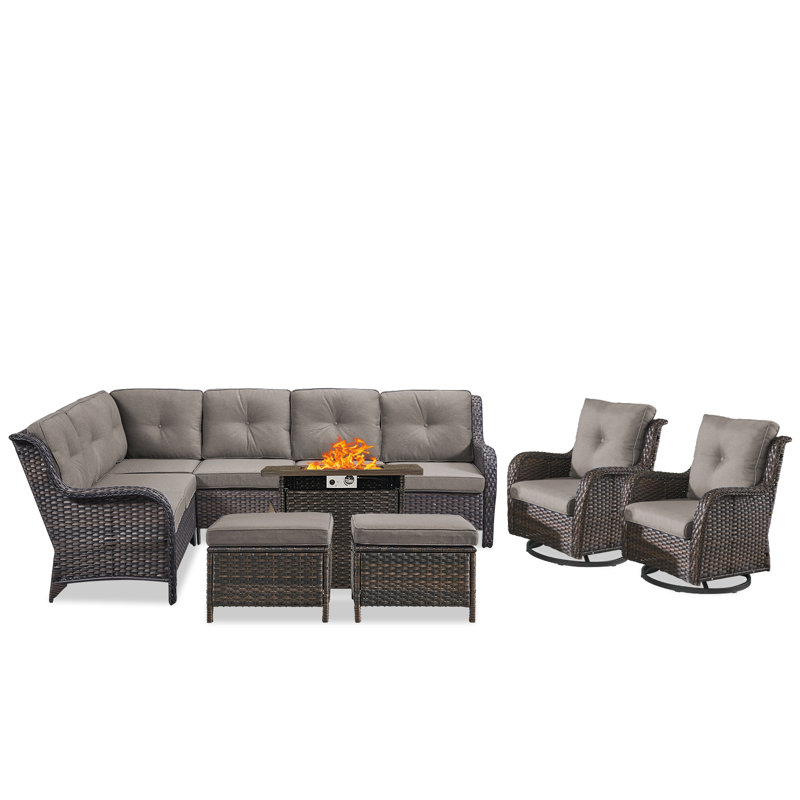 Carolina Wicker 7 - Person Patio Conversation Sets With Cushions And Fire Pit, Brown, Gray
