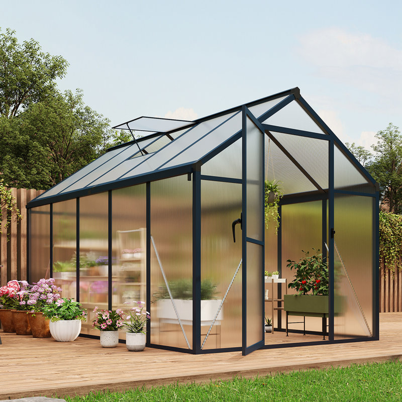Greenhouse for Outdoor with Door, Green House with Polycarbonate Panel & Adjustable Roof Vent & Ground Nails, Gray