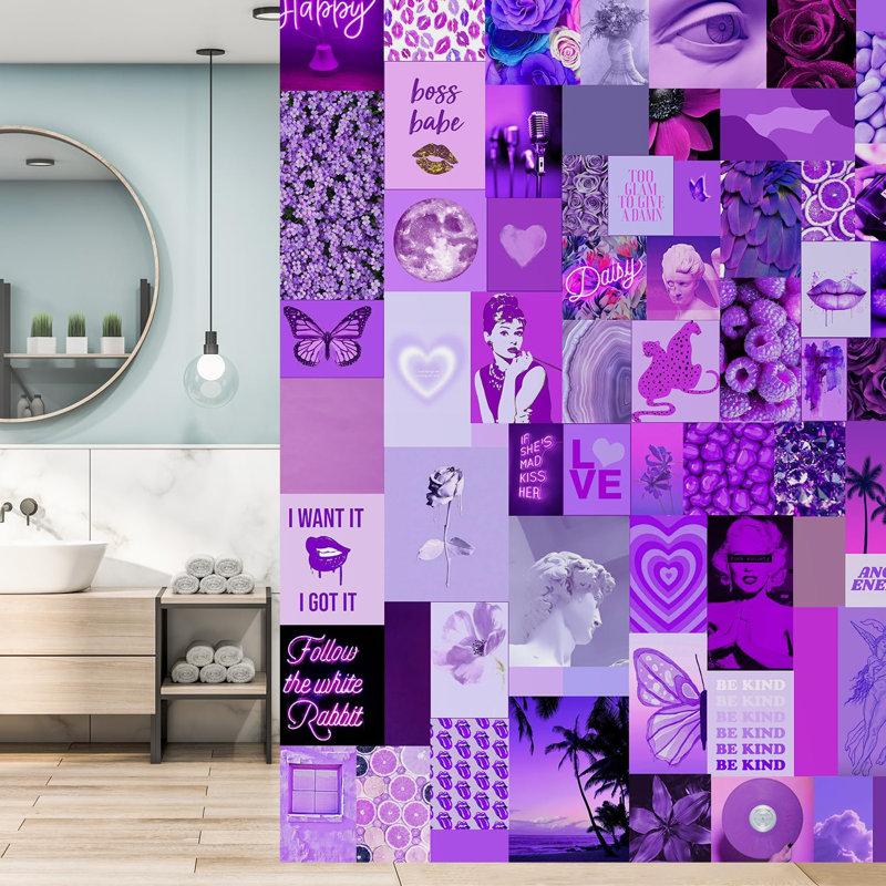 Vibrant mauve, mélange éclectique d'icônes et de graphiques, L 72 po x l 48 po
