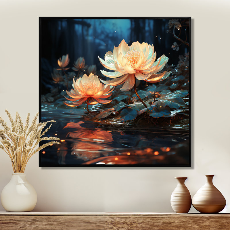Rowlands - décoration murale Lotus, Cadre flottant noir, bois massif, H 16 po x l 16 po