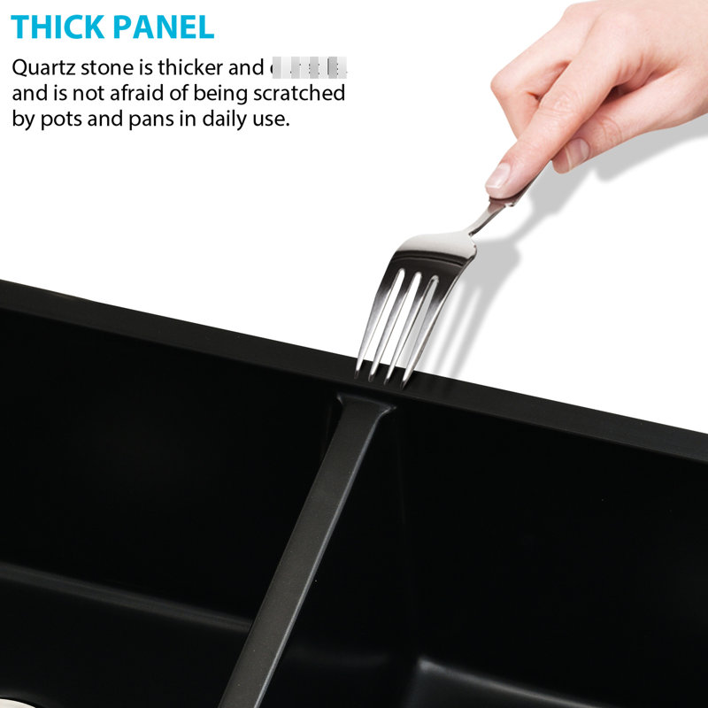 Évier encastré à double cuve en quartz noir L 32 po x l 18 po - résistant à la chaleur, à la teinture et à la rayure, pour crépine, pour un drainage rapide de la cuisine X