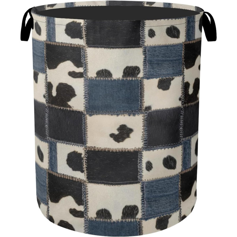 Denim Patchwork Vache Imprimé Panier à linge Panier à linge avec poignées Conception pliable pour la chambre d'enfant