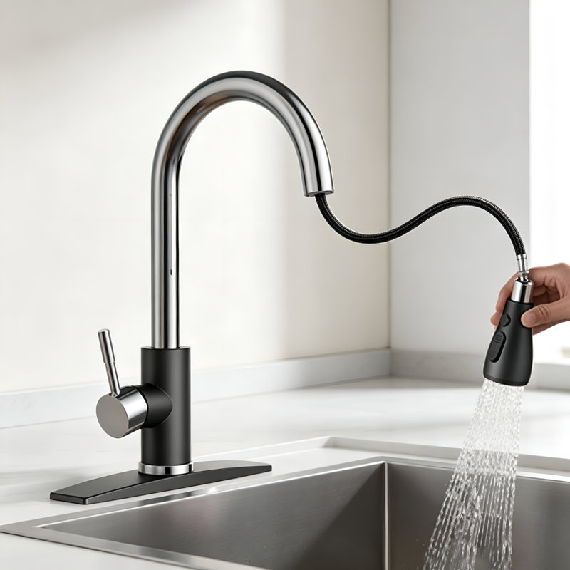 Robinet de cuisine monocommande à bec haut extractible en acier inoxydable