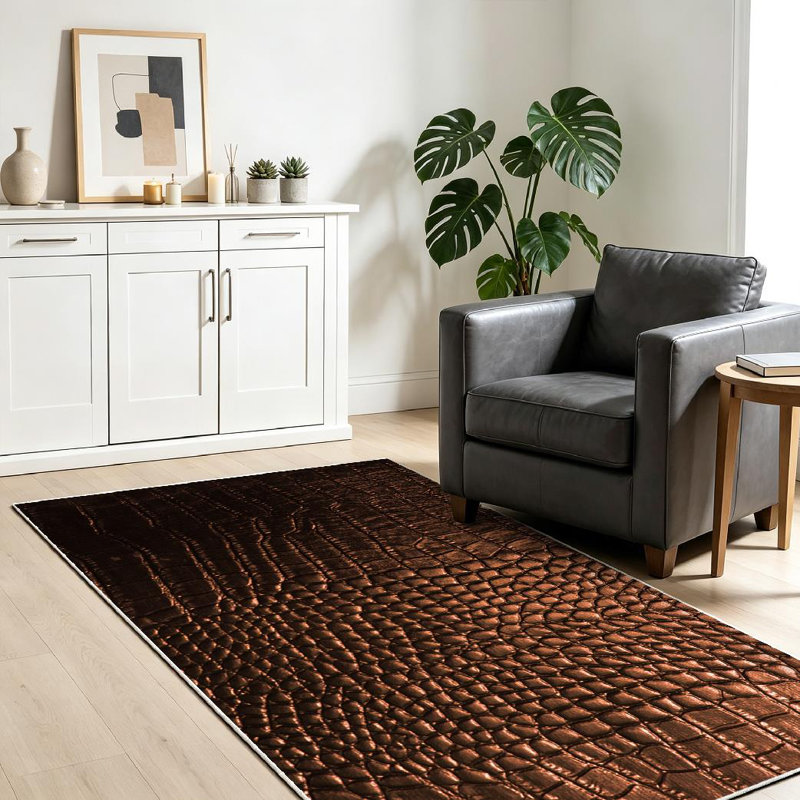 Brown Crocodile Leather Fancy Abstract Alligator Animal Art Bag Case Machine Washable Indoor Area Rug, Rectangle 39" x 63"