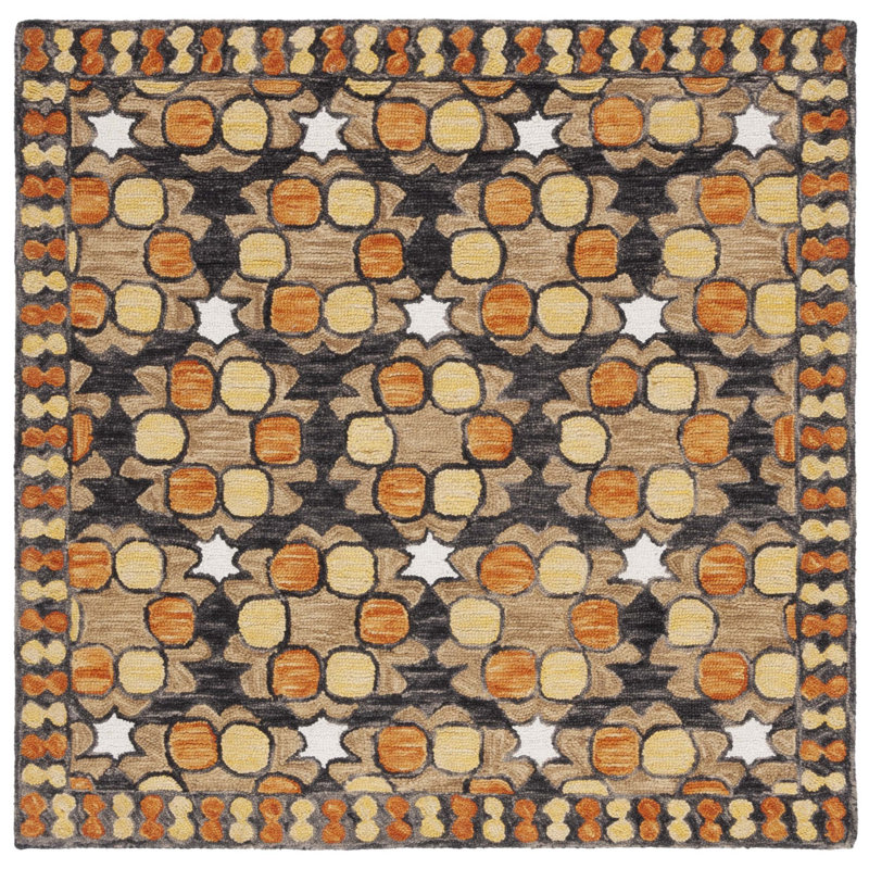 Tapis en laine / coton touffeté à la main Vahakn en jaune clair / orange / noir, Carré 5 pi