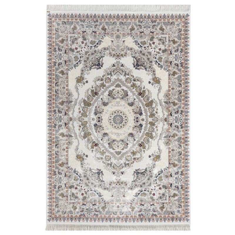 Minyatur White Traditional Medallion Area Rug – 100% Viscose, Low-Pile Woven Carpet for Living Room, Bedroom, Hallway
