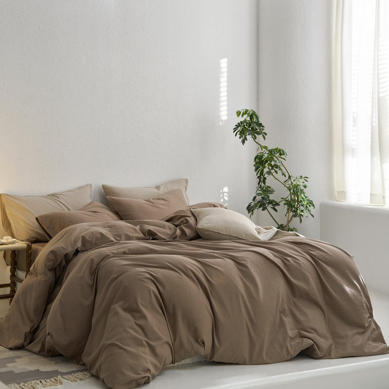 MooMee Duvet Cover Set with Zipper Closure & 8 Interior Ties 100% Washed Cotton Twill Soft Linen Like Textured, Bombay Brown