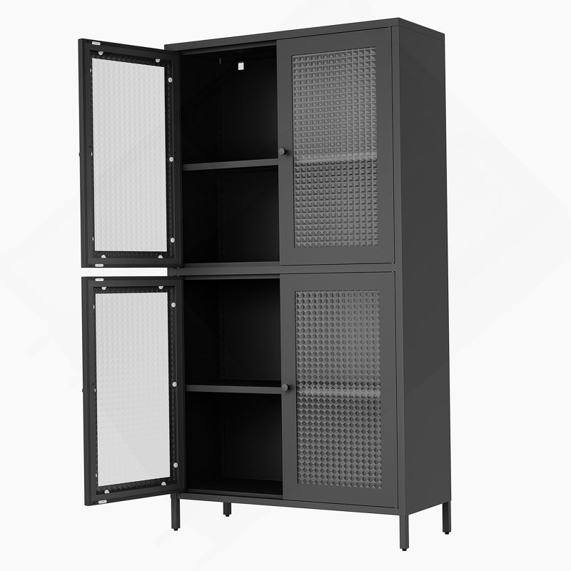 Classic Metal Storage Cabinet Display Cabinet With  Glass Doors  Shelves Cabinet  Bookcase Side Cabinet  Home Office  Kitchen Hallway - Black, Waffle Grids Tempered Glass