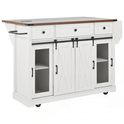 Farmhouse Kitchen Island with Storage, Sliding Barn Doors, Metal Grid Side Door, and Rolling Wheels for Versatile Use in Compact Kitchens
