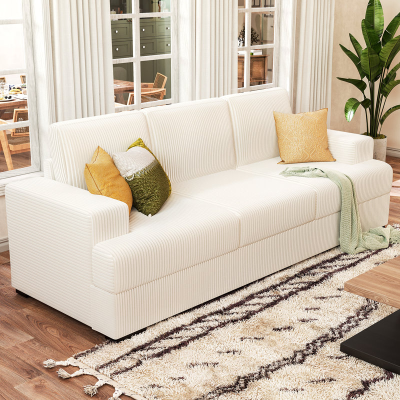 Tonjie 89" W Corduroy Sofa with Solid Wood Legs, White Corduroy