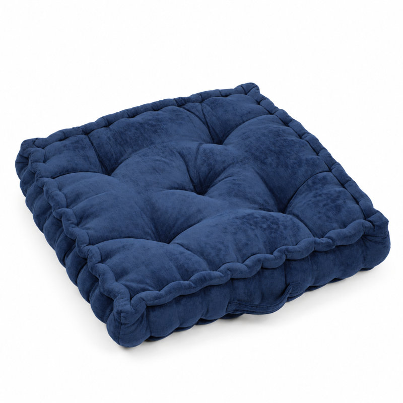 Coussin de sol surdimensionné en chenille capitonnée, fabriqué à la main, avec poignée latérale, Bleu