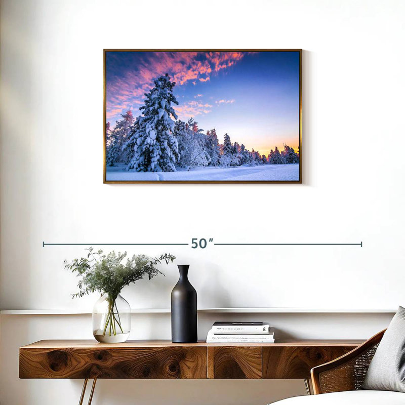 Coucher de soleil rose en hiver, Cadre flottant doré, 31 po x 21 po