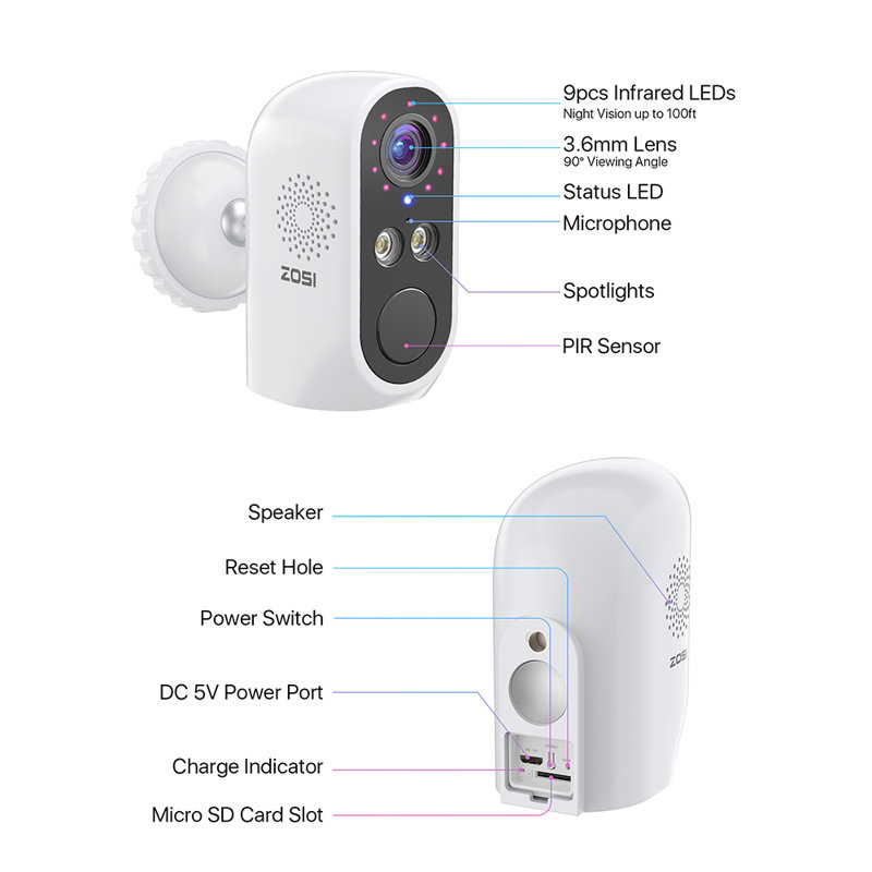 C1 Wire-Free Wireless 3MP Battery Security Camera Outdoor with Solar Panel, 2-Way Talk, Spotlight, White