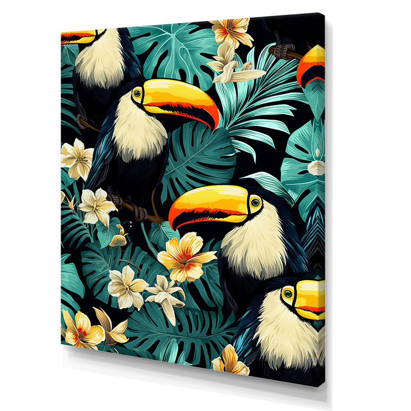 Perroquets et plantes tropicales II - Toucan, art mural animal, H 20 po x l 12 po x P 1 po, Toile tendue