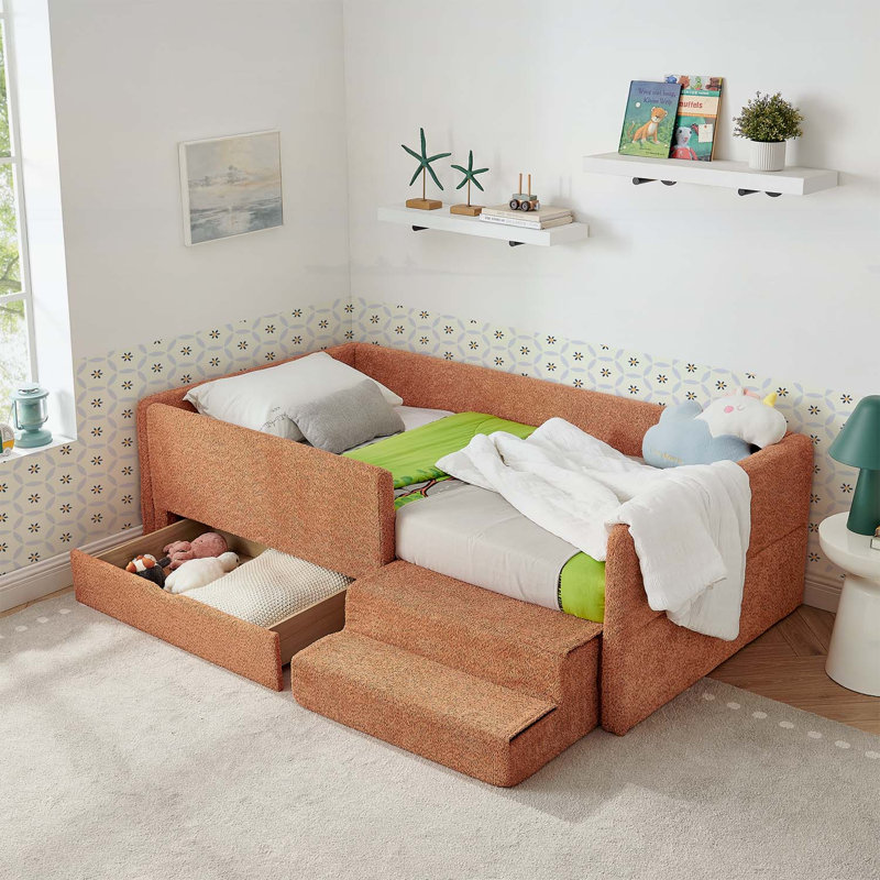 Lit multifonctionnel confortable avec garde-corps, rangement et marchepied de sécurité, Orange