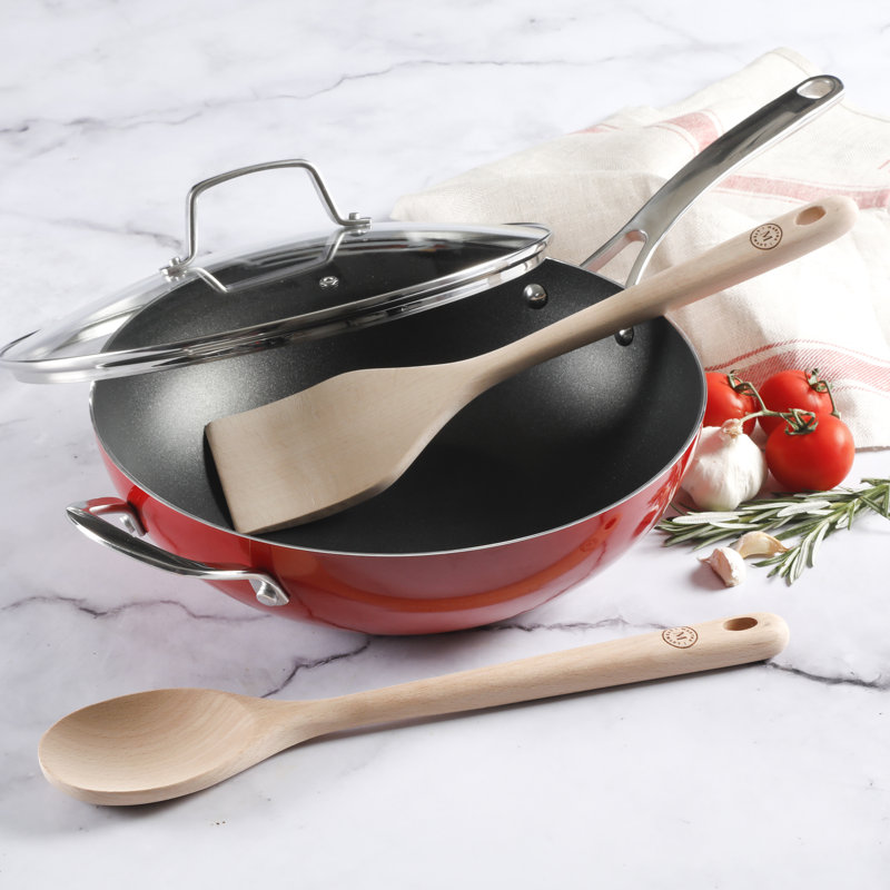 Poêle à frire antiadhésive en aluminium 12 po avec couvercle Martha Stewart, Rouge