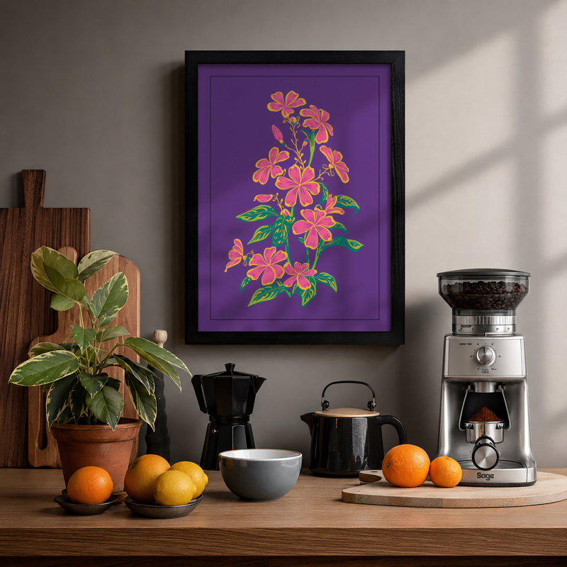 Pink Coral Florals Botanical - Print, Black, A4 - 29.7 x 21.0 cm