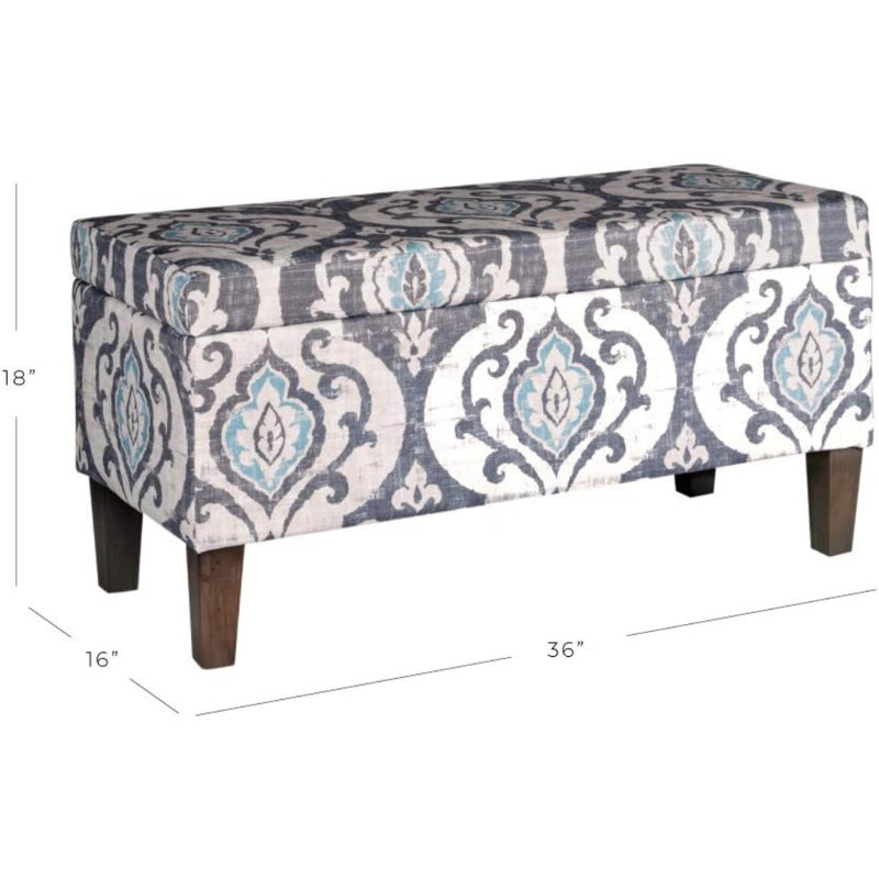 Large Upholstered Rectangular Storage Ottoman Bench With Hinged Lid, Slate Damask