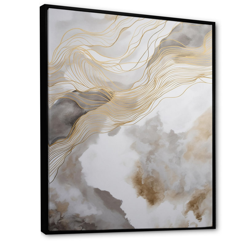 Gold and Grey Abstracted Line Artistry V - Print on Canvas, Black Floater Framed, 32" H x 24" W x 1" D