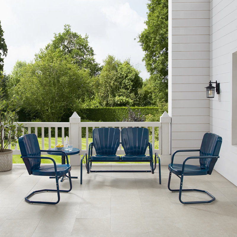 Burley 4Pc Outdoor Metal Conversation Set White Gloss - Loveseat Glider, Side Table, & 2 Armchairs, Navy