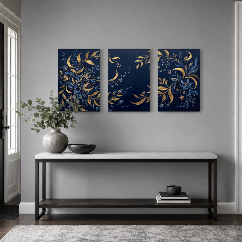 Ensemble de 3 toiles florales dorées et bleu marine, H 36 po x l 24 po x 3 pièces