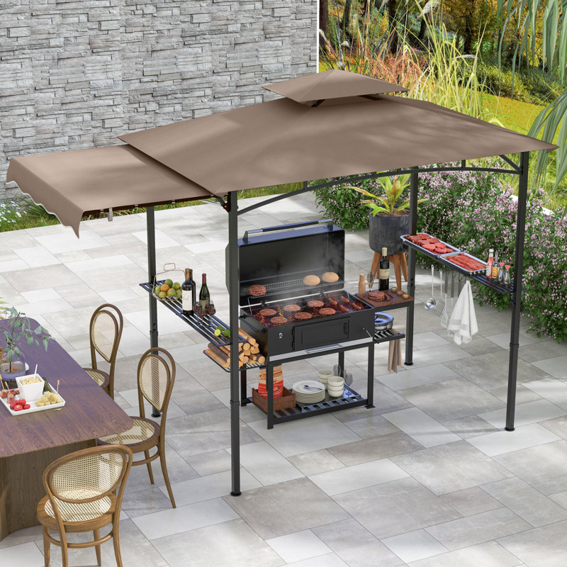 318 X 153 Cm Grill Gazebo W/ Side Awning Outdoor Barbecue Canopy Tent-Coffee, Brown