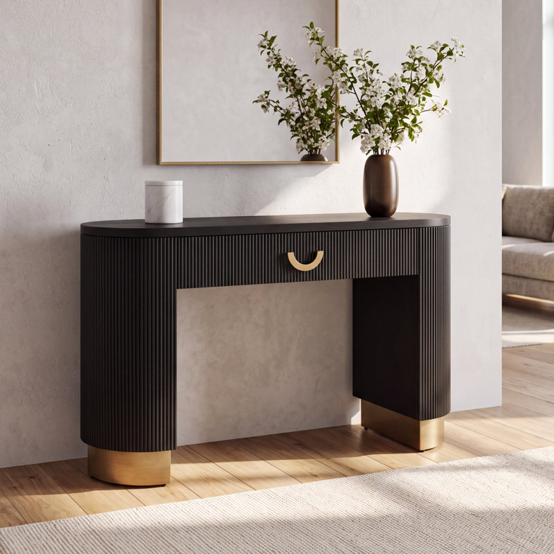 Zion Vertical Ribbed Console Table With Drawer & Column Legs, Black/Gold