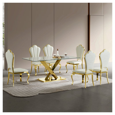 Table de salle à manger moderne en verre rectangulaire avec base en acier inoxydable doré, table de cuisine en verre trempé transparent de 70 pouces pour salle à manger contemporaine