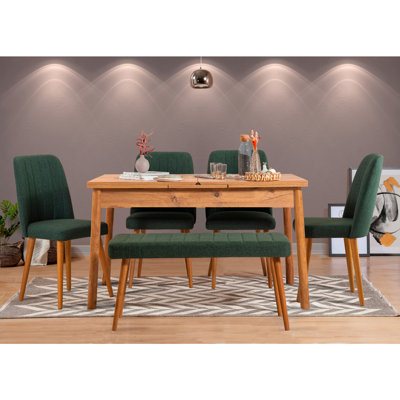 Extendable Dining Table & Chairs Set (6 Pieces), Atlantic Pine & Green, Table 47.2 x 29.5 x 29.5 inches | 100% Melamine Coated Particle Board, Wooden Legs, Modern Scandinavian Design | Includes 4 Linen Foam Chairs & 1 Bench