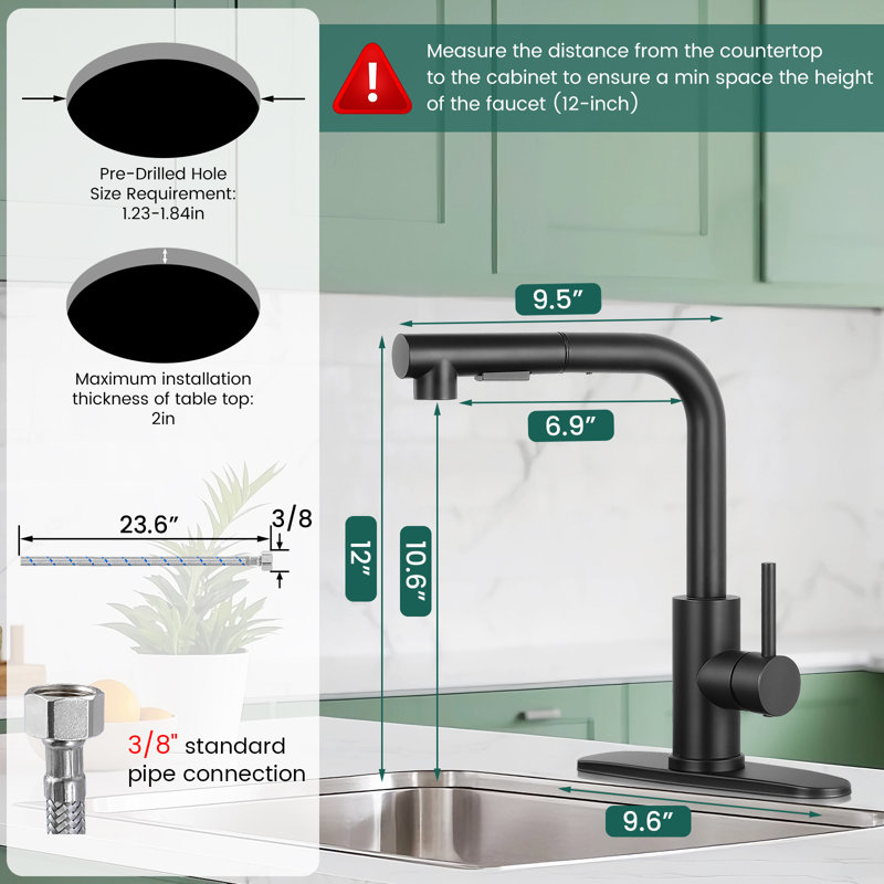 Robinet de cuisine à poignée simple avec deux modes de sortie d'eau rétractable, Noir mat