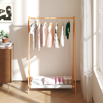 Foldable Beech Wood Garment Hanging Coat Rack Dress Up Clothes Organizerwith With Storage Tray