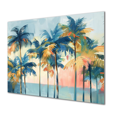 Abstract Coastal Palm Trees In Blue And Gold I - Palms & Palm Trees Wall Art Print